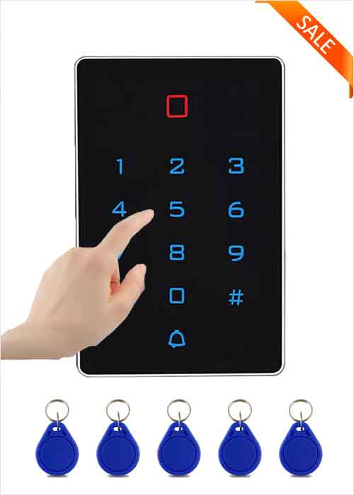 Digital Backlit Touch Keypad Standalone Access Control WG26 Reader 2000 Users 13.56Mhz IC Card Password Unlock Open One Door Connect E-lock Exit Button Indoor Doorbell VF-A6